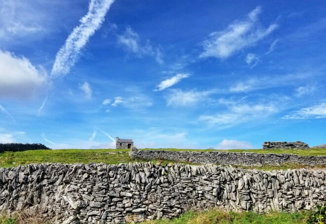 Limestone walls and a small cabin on the Aran Islands, Ireland