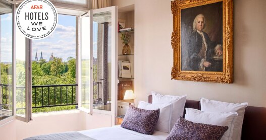 A deluxe room at the Hôtel Brighton in Paris with a gilded portrait and a view of green space.