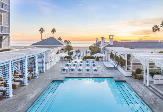 The pool at sunset at Shutters on the Beach in Santa Monica, California.