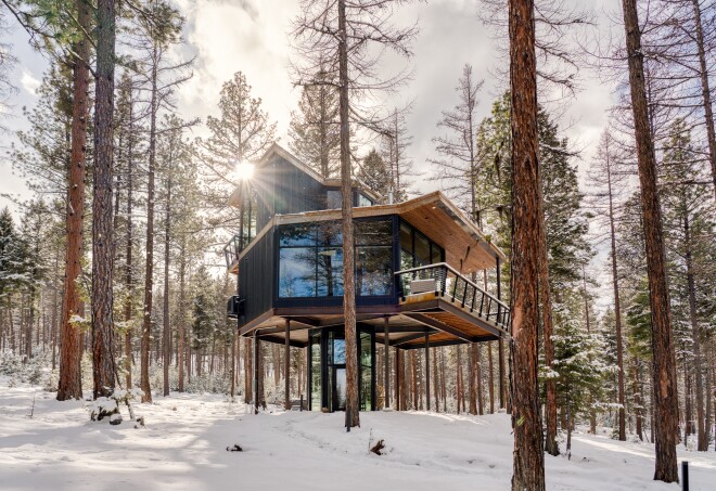 The Tree Haus accommodations at the Green O are elevated 23 feet off the ground.