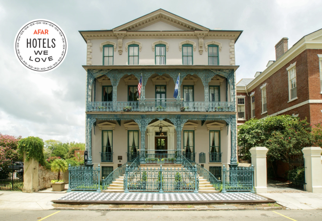 Three-story building with wraparound white galleries at the John Rutledge House Inn in Charleston