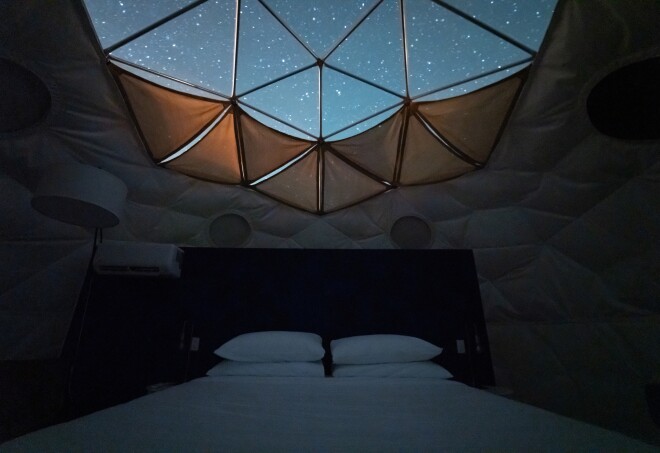 The Skyview Hotel is located in the Dark Sky Community of Torrey, Utah. The bedrooms have skylights over the beds that offer views of the night sky.