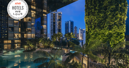 The pool at the Pan Pacific Orchard in Singapore features city views and has a large plant wall.