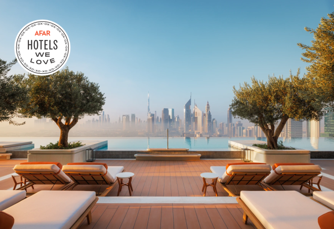 The infinity edged pool at Tapasake at One&Only One Za'abeel in Dubai features uninterrupted views of the city's skyline.