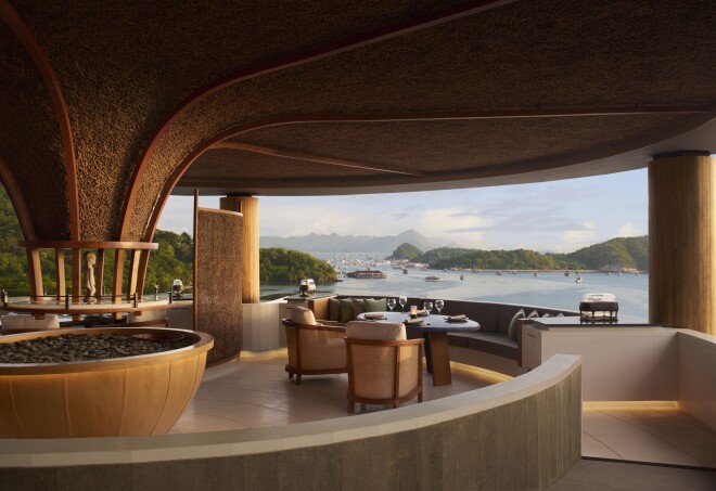 Taba restaurant faces landmasses that make up the Indonesian archipelago.